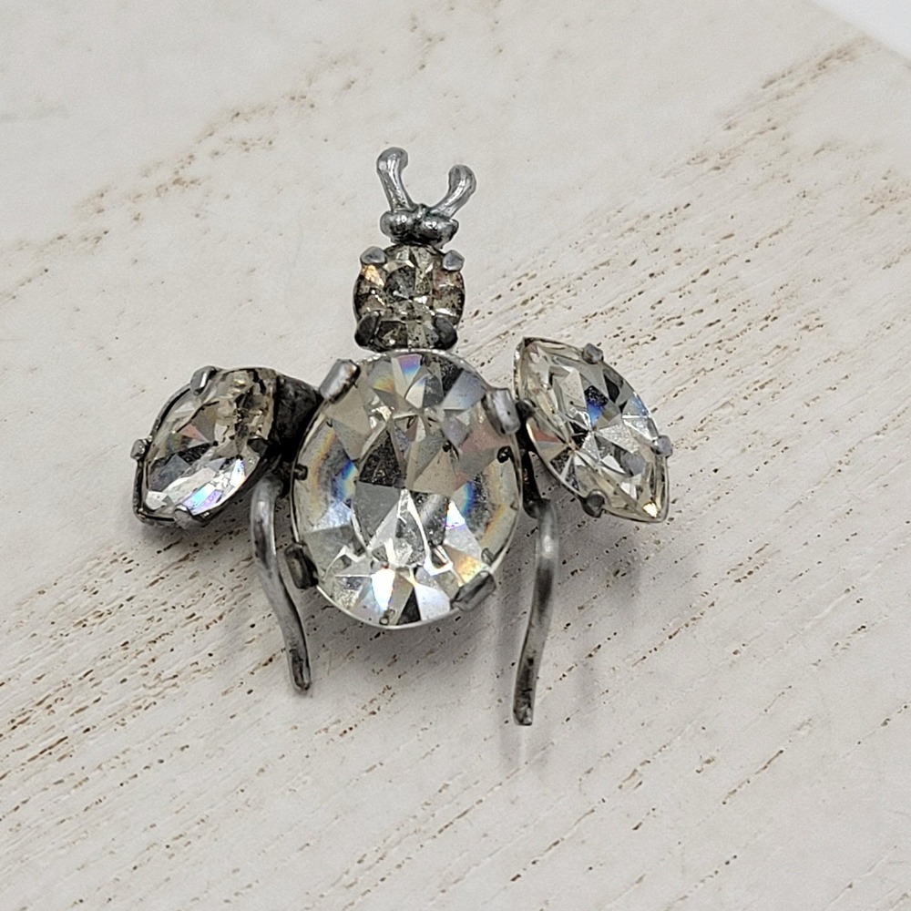 Vintage 1960 Austrian Crystal 3D Bug Brooch Silver Tone Insect Pin